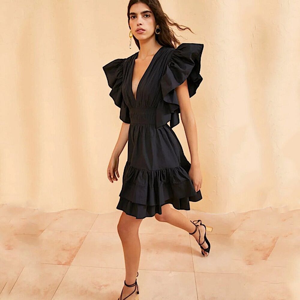 ULLA JOHNSON Kiri Black Ruffled V-Neck Cotton Mini Dress - Size 10